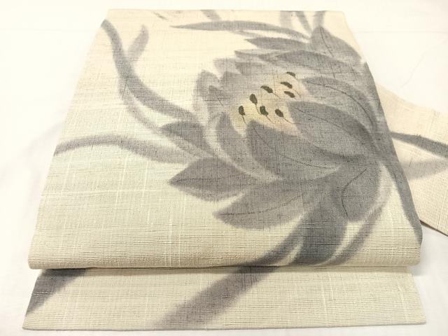 平和屋着物●九寸名古屋帯 手描き 紬地 草花文 正絹 逸品 CABH4501vp