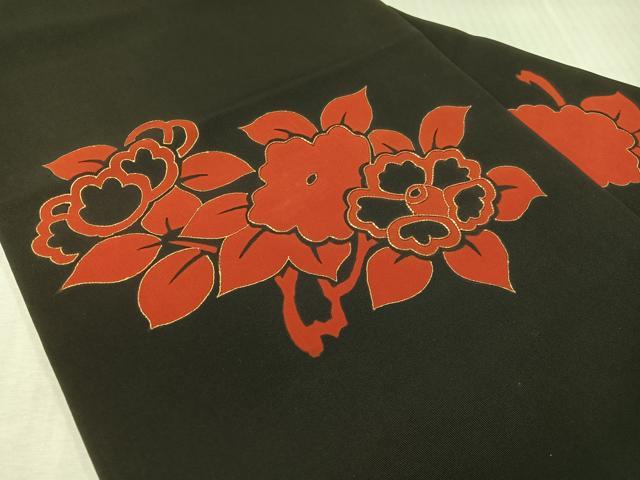 平和屋着物●塩瀬 九寸名古屋帯 駒刺繍 草花文 黒地 金彩 正絹 逸品 CABH4503vp