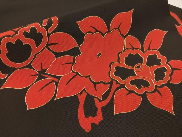 平和屋着物●塩瀬 九寸名古屋帯 駒刺繍 草花文 黒地 金彩 正絹 逸品 CABH4503vp