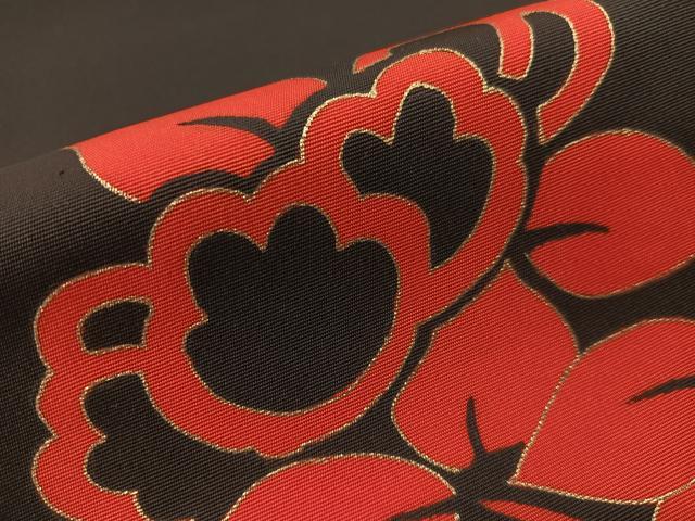 平和屋着物●塩瀬 九寸名古屋帯 駒刺繍 草花文 黒地 金彩 正絹 逸品 CABH4503vp