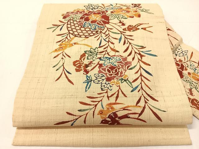 平和屋着物●九寸名古屋帯 生紬 型染め 花籠鳥文 正絹 逸品 CABH4515vp