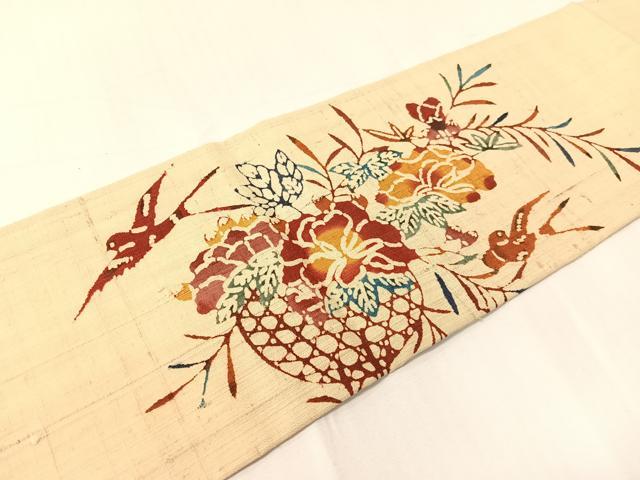 平和屋着物●九寸名古屋帯 生紬 型染め 花籠鳥文 正絹 逸品 CABH4515vp