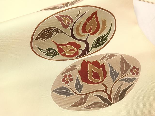 平和屋着物●塩瀬 九寸名古屋帯 駒刺繍 草花丸文 金彩 正絹 逸品 CABH4531vp