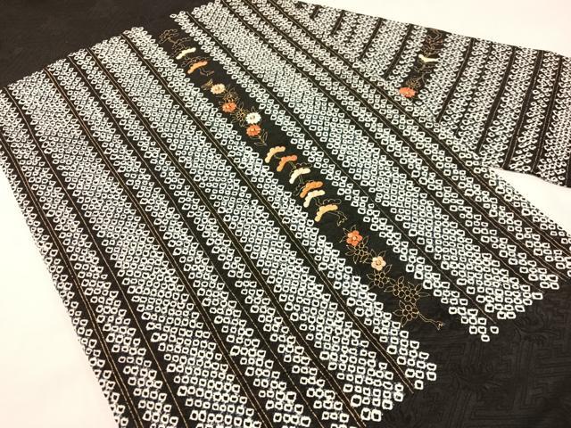平和屋着物●九寸名古屋帯 刺繍 絞り 草花間道 黒地 金彩 正絹 逸品 CABH4535vp