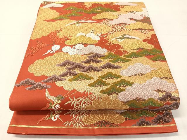 平和屋着物●西陣 河合美術織物謹製 六通柄袋帯 唐織 松竹梅飛鶴文 金糸 正絹 逸品 CABH4554vp