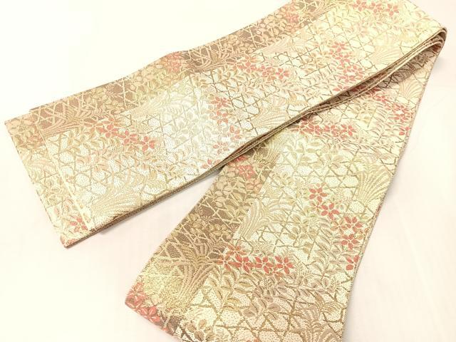 平和屋着物●ファッションブランド CELINE セリーヌ 両面 半幅帯 籬花文 金糸 正絹 逸品 未使用 CABH4585vp