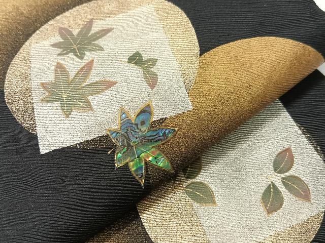 平和屋着物●螺鈿 両面 半幅帯 満月 舞桜 黒地 金銀彩 正絹 逸品 CABH4589vp