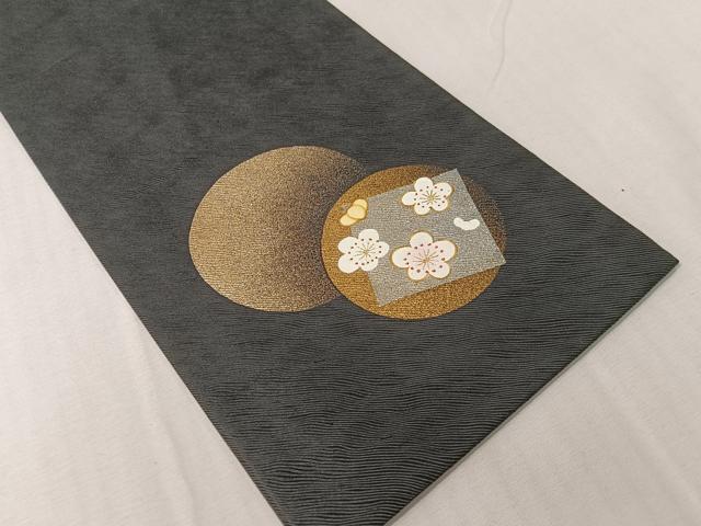 平和屋着物●螺鈿 両面 半幅帯 満月 舞桜 黒地 金銀彩 正絹 逸品 CABH4589vp