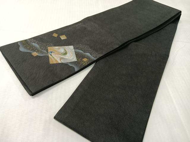 平和屋着物●螺鈿 半幅帯 道長箔散らし 黒地 金銀彩 正絹 逸品 CABH4592vp