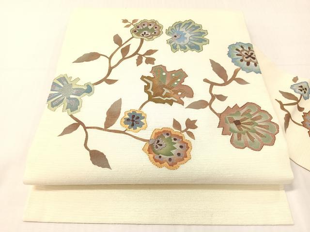 平和屋着物●九寸名古屋帯 紬地 刺繍 更紗花文 正絹 逸品 CABH4602vp