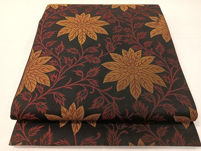 平和屋着物●織物一筋名門 織悦 全通柄 本袋帯 草花文 黒地 正絹 逸品 CABH4607vp