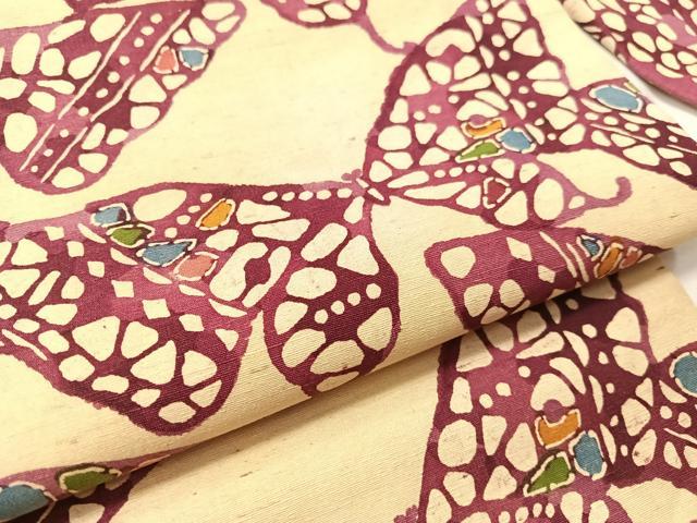 平和屋着物●九寸名古屋帯 紬地 型染め 舞蝶文 正絹 逸品 CABH4618vp