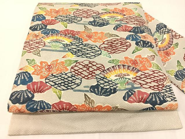 平和屋着物●九寸名古屋帯 型染め 雲取り扇面花文 正絹 逸品 CABH4626vp