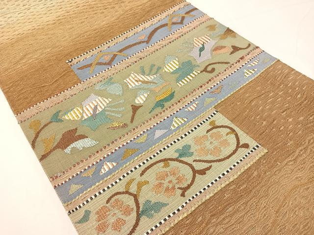 平和屋着物▽太鼓柄袋帯 スリーシーズン 春夏秋 すくい織 花唐草横段文 金糸 正絹 逸品 CABH4631vp