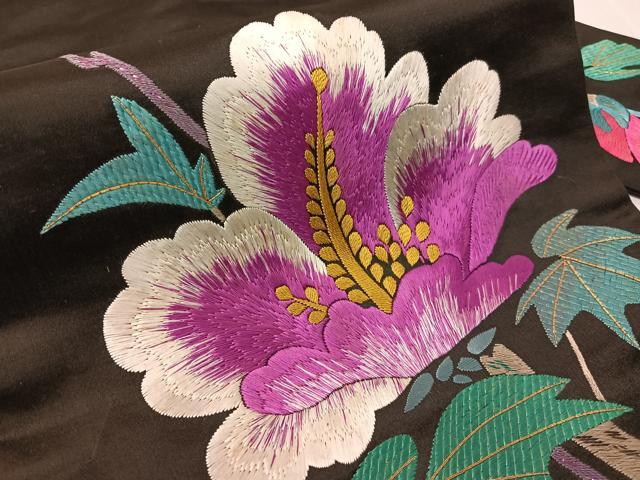 平和屋着物●アンティーク 大正ロマン 九寸名古屋帯 総刺繍 手刺繍 駒刺繍 枝花文 黒地 正絹 逸品 CABH4641vp
