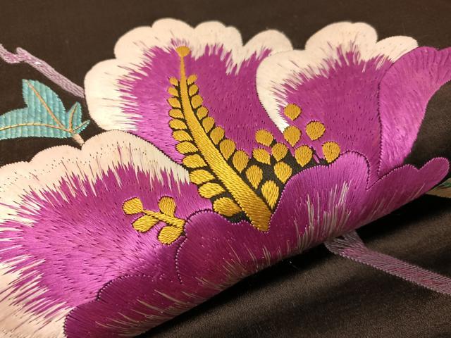 平和屋着物●アンティーク 大正ロマン 九寸名古屋帯 総刺繍 手刺繍 駒刺繍 枝花文 黒地 正絹 逸品 CABH4641vp
