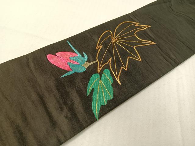 平和屋着物●アンティーク 大正ロマン 九寸名古屋帯 総刺繍 手刺繍 駒刺繍 枝花文 黒地 正絹 逸品 CABH4641vp