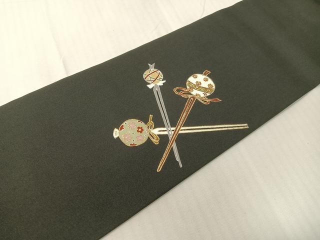 平和屋着物●塩瀬 九寸名古屋帯 駒刺繍 簪 黒地 金彩 ゑり善扱い たとう紙付き 正絹 逸品 CABH4699vp