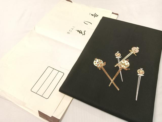 平和屋着物●塩瀬 九寸名古屋帯 駒刺繍 簪 黒地 金彩 ゑり善扱い たとう紙付き 正絹 逸品 CABH4699vp
