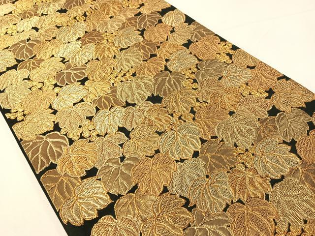平和屋着物●青々庵 六通柄袋帯 葡萄蔦の葉文 黒地 正絹 逸品 CABH4708vp