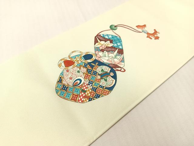 平和屋着物●塩瀬 九寸名古屋帯 作家物 手描き 仕覆吉祥花文 正絹 逸品 CABH4722vp