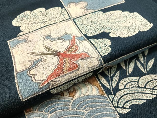 平和屋着物●九寸名古屋帯 作家物 一珍染 市松花鳥文 正絹 逸品 CABH4724vp