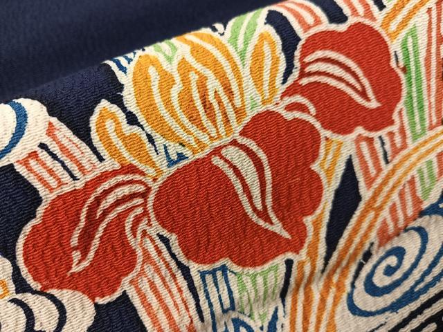 平和屋着物●九寸名古屋帯 型染め 流水杜若 鬼しぼ縮緬 正絹 逸品 CABH4731vp
