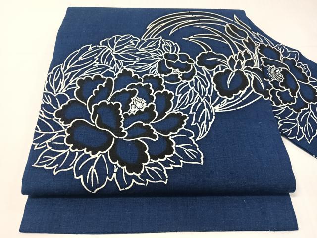 平和屋着物●九寸名古屋帯 紬地 藍 型染め 花丸文 正絹 逸品 CABH4747vp