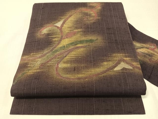 平和屋着物●九寸名古屋帯 紬地 和紙 唐草文 金彩 正絹 逸品 CABH4759vp