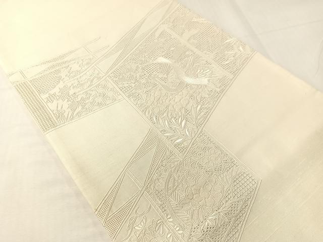 平和屋着物▼中国三大刺繍 スワトウ相良刺繍 総刺繍 太鼓柄袋帯 双鶴花文 生成り色 正絹 逸品 CABH4771vp