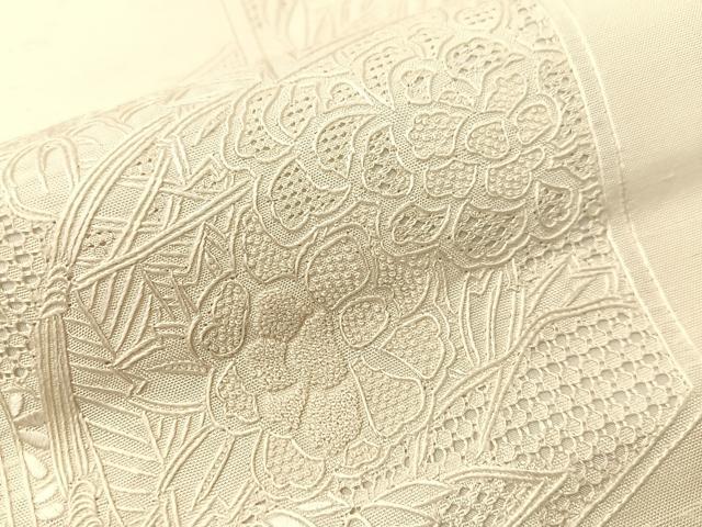 平和屋着物▼中国三大刺繍 スワトウ相良刺繍 総刺繍 太鼓柄袋帯 双鶴花文 生成り色 正絹 逸品 CABH4771vp