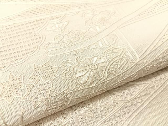 平和屋着物▼中国三大刺繍 スワトウ相良刺繍 総刺繍 太鼓柄袋帯 双鶴花文 生成り色 正絹 逸品 CABH4771vp