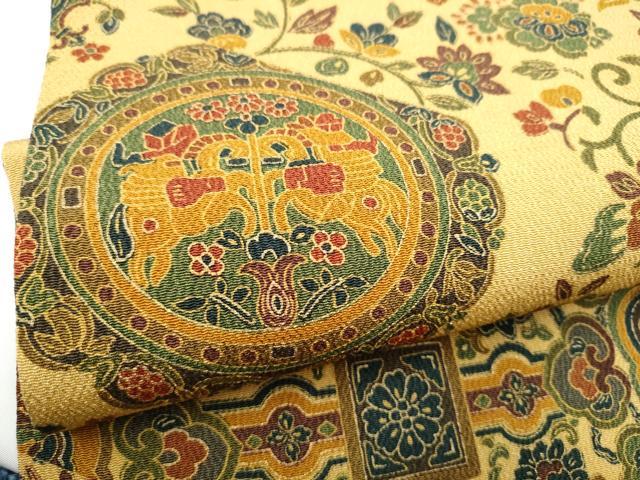 平和屋着物●全通柄 九寸名古屋帯 動物花唐草文 鬼しぼ縮緬 正絹 逸品 CABH4802hy
