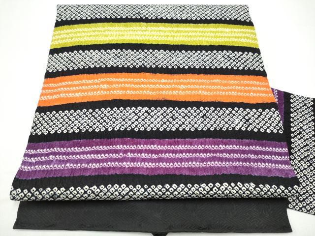 平和屋着物●九寸名古屋帯 総絞り 横段文 黒地 正絹 逸品 CABH4804hy