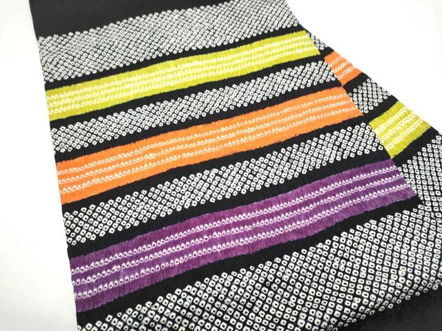 平和屋着物●九寸名古屋帯 総絞り 横段文 黒地 正絹 逸品 CABH4804hy