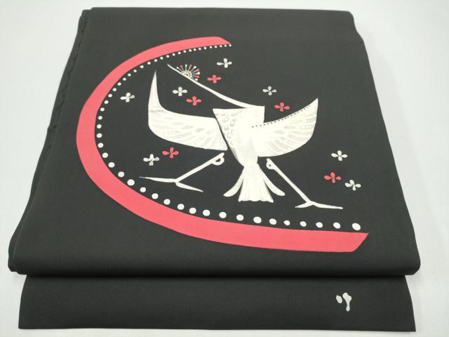 平和屋着物●塩瀬 九寸名古屋帯 作家物 ろうけつ染 孔雀花文 黒地 金彩 正絹 逸品 CABH4815hy