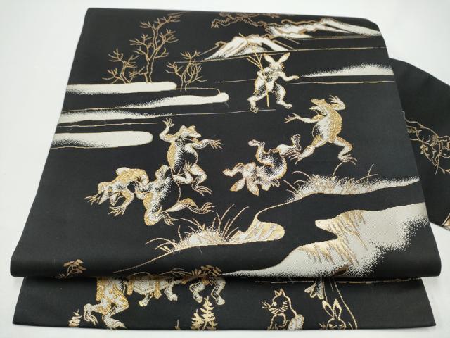 平和屋着物●九寸名古屋帯 鳥獣戯画 黒地 金糸 正絹 逸品 CABH4817hy