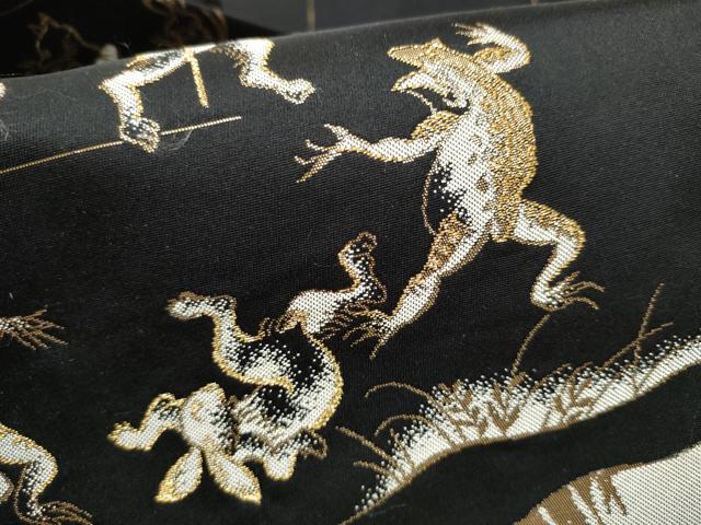 平和屋着物●九寸名古屋帯 鳥獣戯画 黒地 金糸 正絹 逸品 CABH4817hy