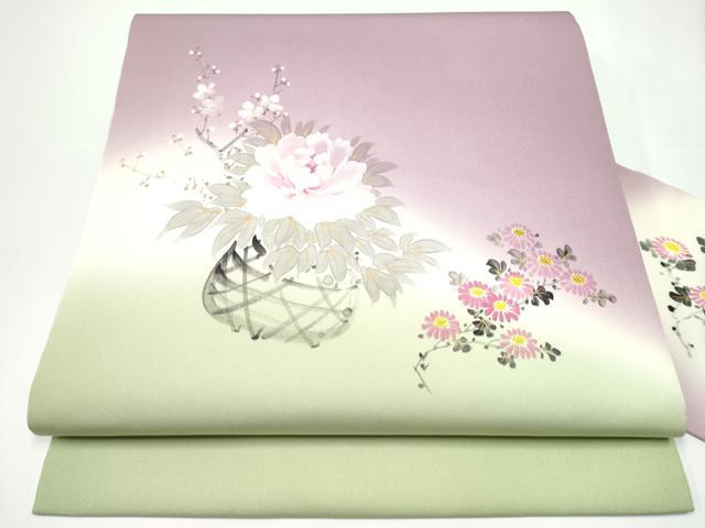 平和屋着物●染色作家 桐山紫香 手描き 塩瀬 九寸名古屋帯 花籠文 金彩 正絹 逸品 CABH4820hy