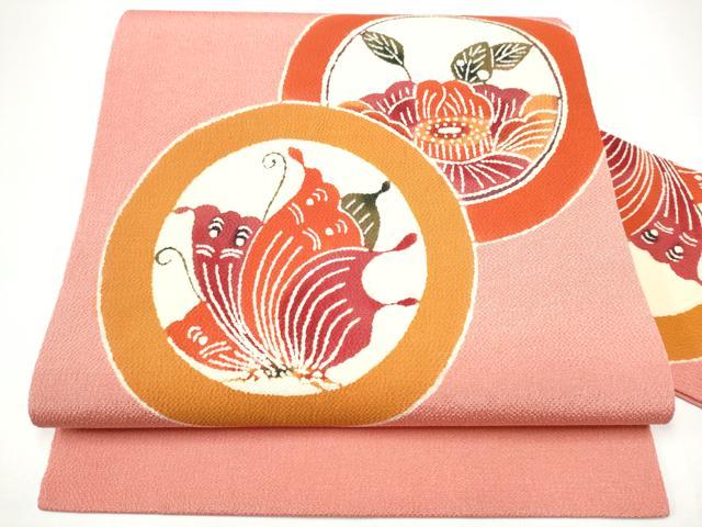 平和屋着物●九寸名古屋帯 型染め 花蝶丸文 鬼しぼ縮緬 正絹 逸品 CABH4821hy