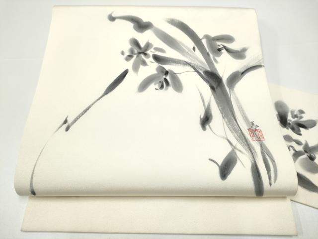 平和屋着物●塩瀬 九寸名古屋帯 作家物 手描き 草花文 正絹 逸品 CABH4841hy