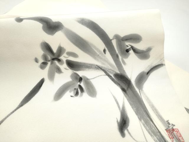平和屋着物●塩瀬 九寸名古屋帯 作家物 手描き 草花文 正絹 逸品 CABH4841hy