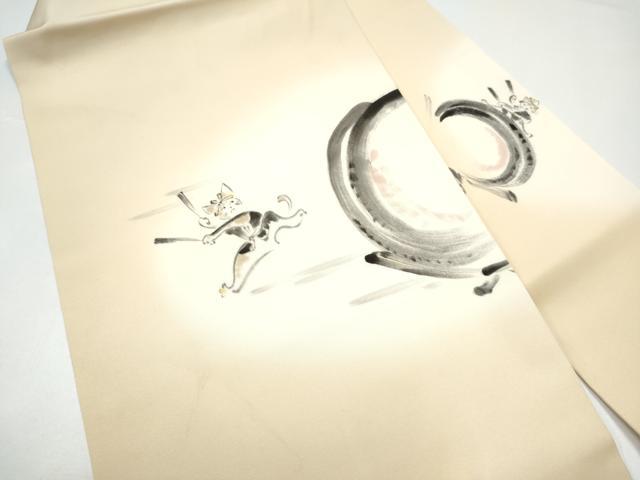 平和屋着物●塩瀬 九寸名古屋帯 手描き 猫 太鼓 正絹 逸品 CABH4855hy