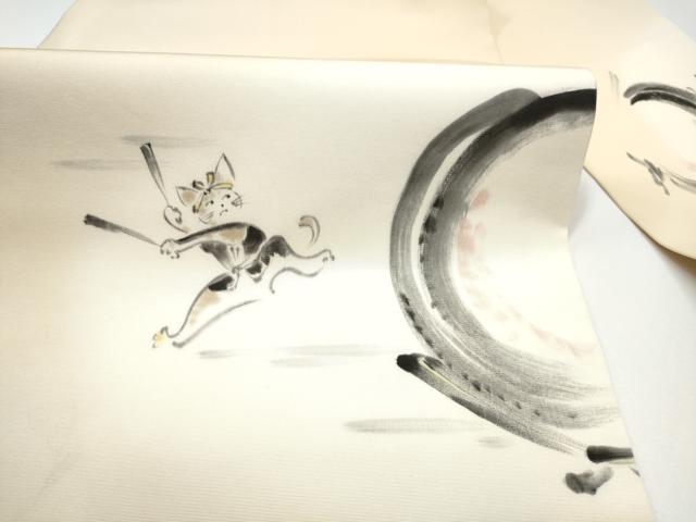 平和屋着物●塩瀬 九寸名古屋帯 手描き 猫 太鼓 正絹 逸品 CABH4855hy
