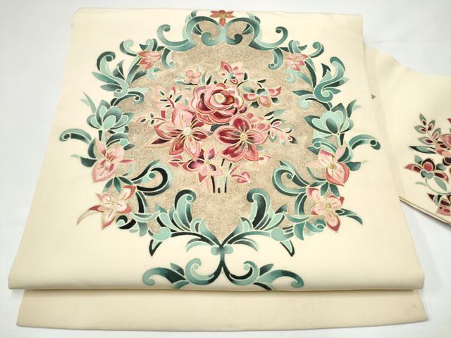 平和屋着物●塩瀬 九寸名古屋帯 刺繍 花唐草文 金彩 正絹 逸品 CABH4861hy