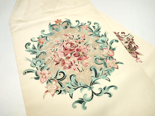 平和屋着物●塩瀬 九寸名古屋帯 刺繍 花唐草文 金彩 正絹 逸品 CABH4861hy