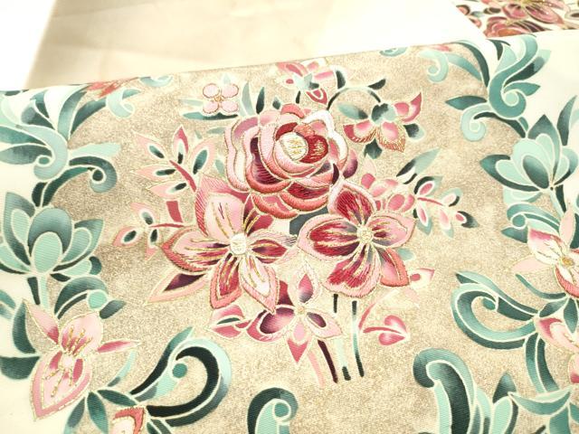 平和屋着物●塩瀬 九寸名古屋帯 刺繍 花唐草文 金彩 正絹 逸品 CABH4861hy