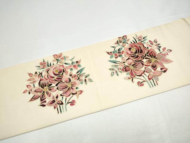 平和屋着物●塩瀬 九寸名古屋帯 刺繍 花唐草文 金彩 正絹 逸品 CABH4861hy