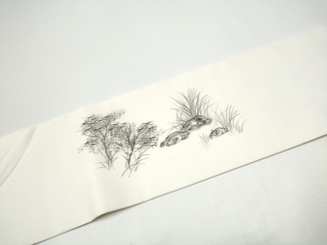 平和屋着物●塩瀬 九寸名古屋帯 作家物 手描き 風景文 正絹 逸品 CABH4866hy