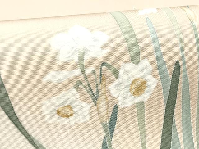 平和屋着物●塩瀬 九寸名古屋帯 作家物 草花文 墨流し文様 正絹 逸品 CABH4869hy